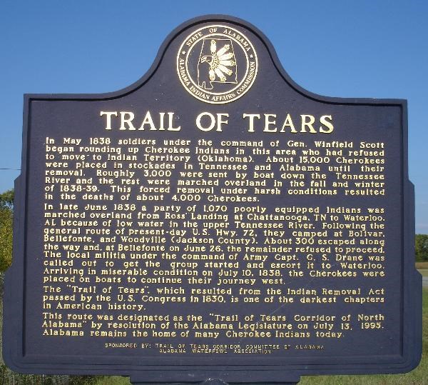 Trail of tears historic marker in Waterloo Alabama
